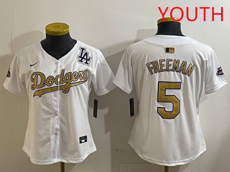 Youth Los Angeles Dodgers 5 Freeman White Champion gold character 2025 Nike MLB Jersey style 4126